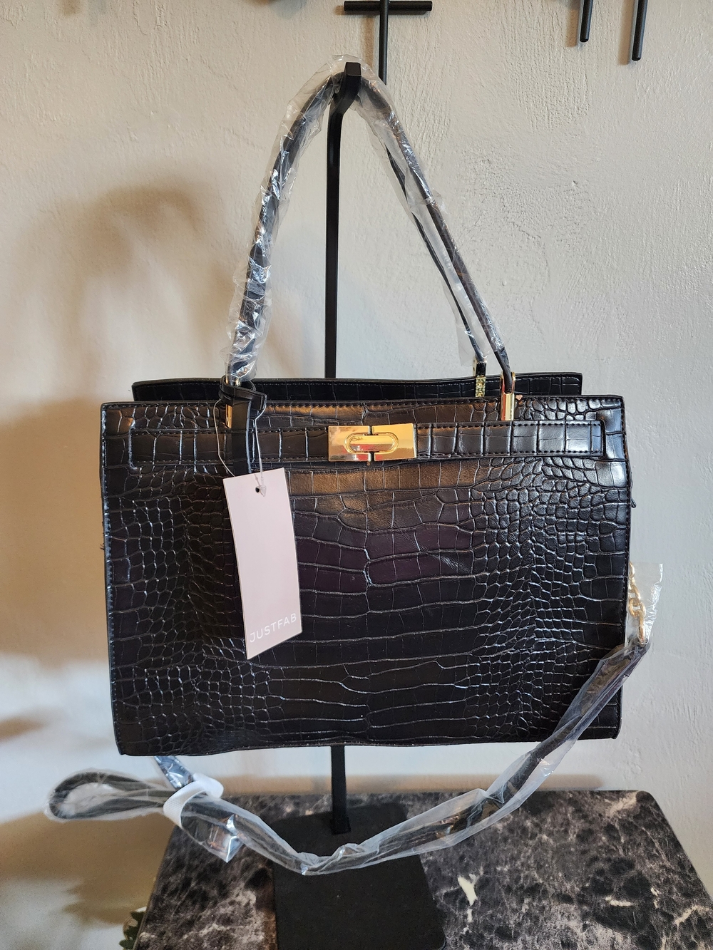 JustFab Black Croc-Embossed Satchel with Gold Hardware
